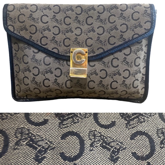 Celine Handbags - 70s 80s Vintage CELINE Denim Leather Trim Horse & Carriage Logo Envelope Clutch